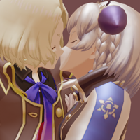 3D render of Elnath sitting on Haze's lap. They are kissing (in-game models)