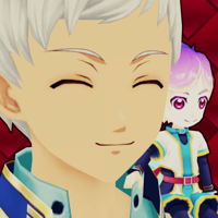 3D render of arc 1 Ix smiling, with a fairy Kocis sitting on his shoulder and gripping his shirt collar (In-game models).